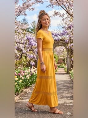 Cable & Gauge Mustard Short-Sleeve Maxi Dress